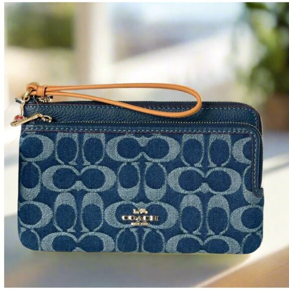 Coach Double Zip Phone Wallet Blue Signature Denim CZ321 Wristlet Leather Clutch - Picture 1 of 10